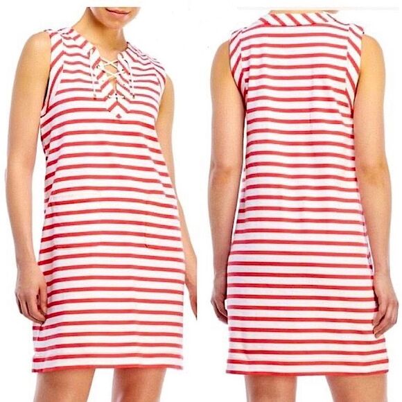 Kate Spade New York White Coral Stripe Sleeveless Lace Up Shift Mini Dress Small - Picture 1 of 8